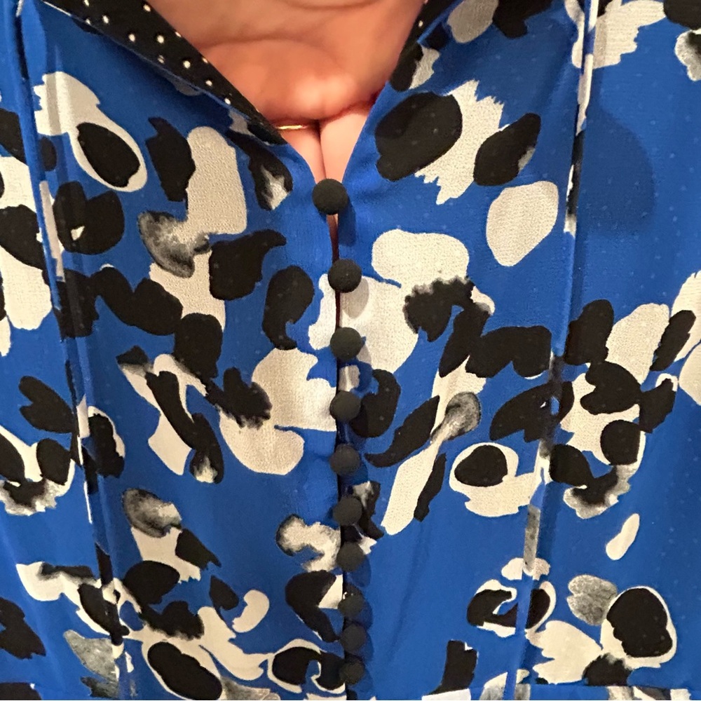 CAbi Electric Blue Floral Asymmetrical Handkerchief Hem Polka Dot Dress Sz M - Picture 9 of 11
